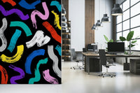 Joyful wallpaper mural featuring energetic, bright, painted curves and lines.