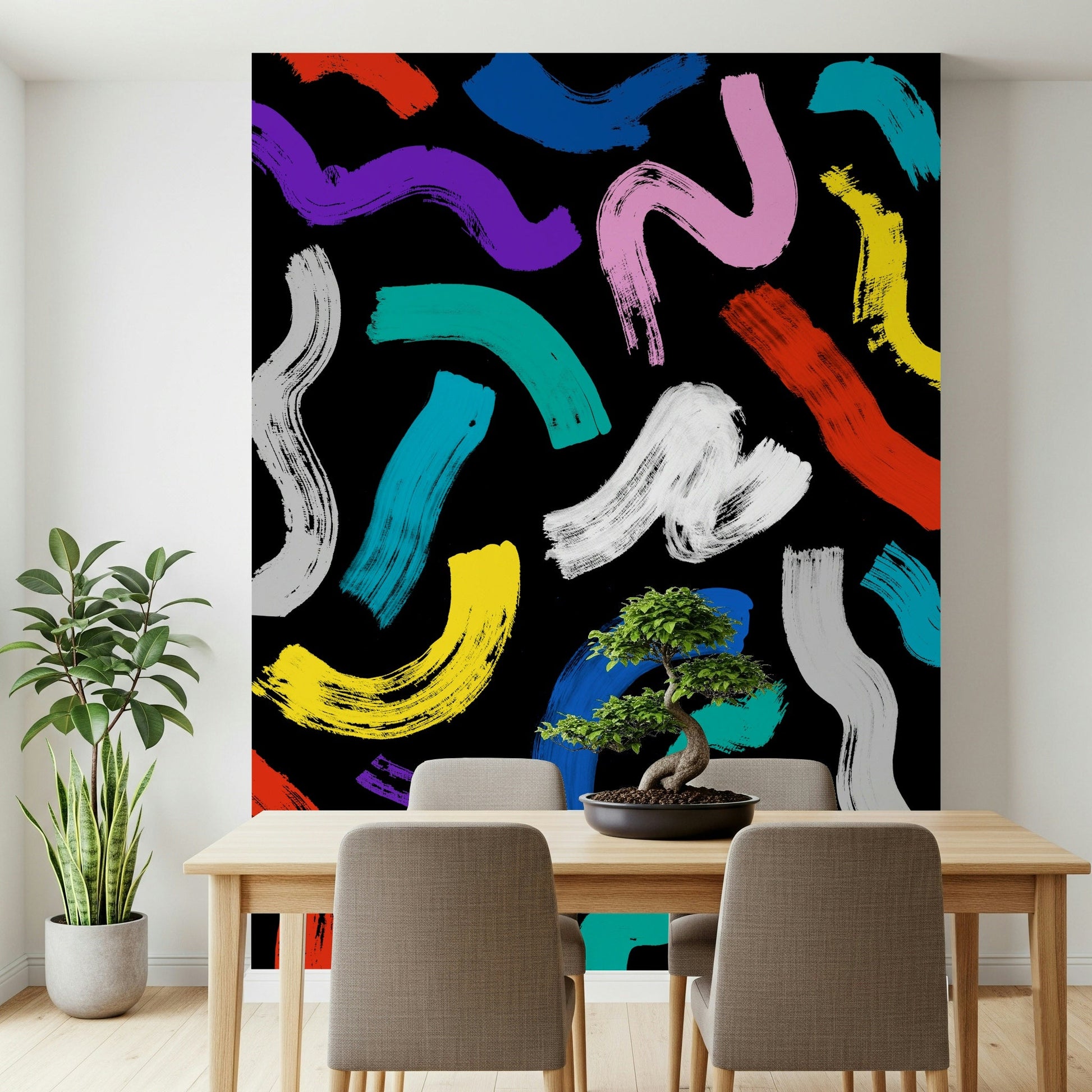 Peel and stick wallpaper with striking, animated, and rainbow-colored paint smears.