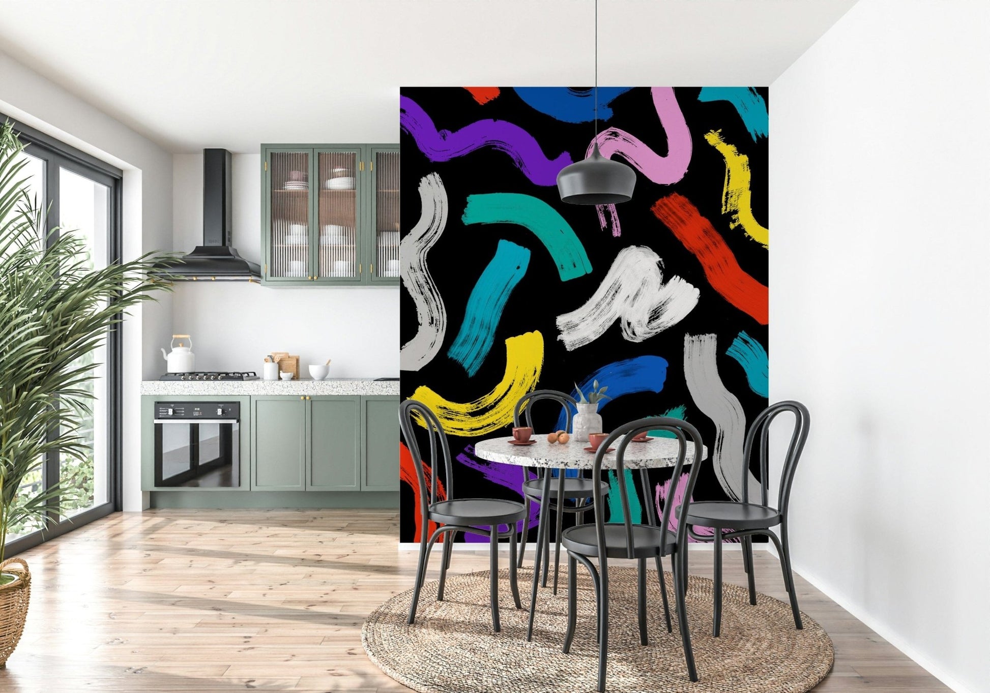 Imaginative Play with Joy wall covering design with sweeping, bold, and energetic arcs.
