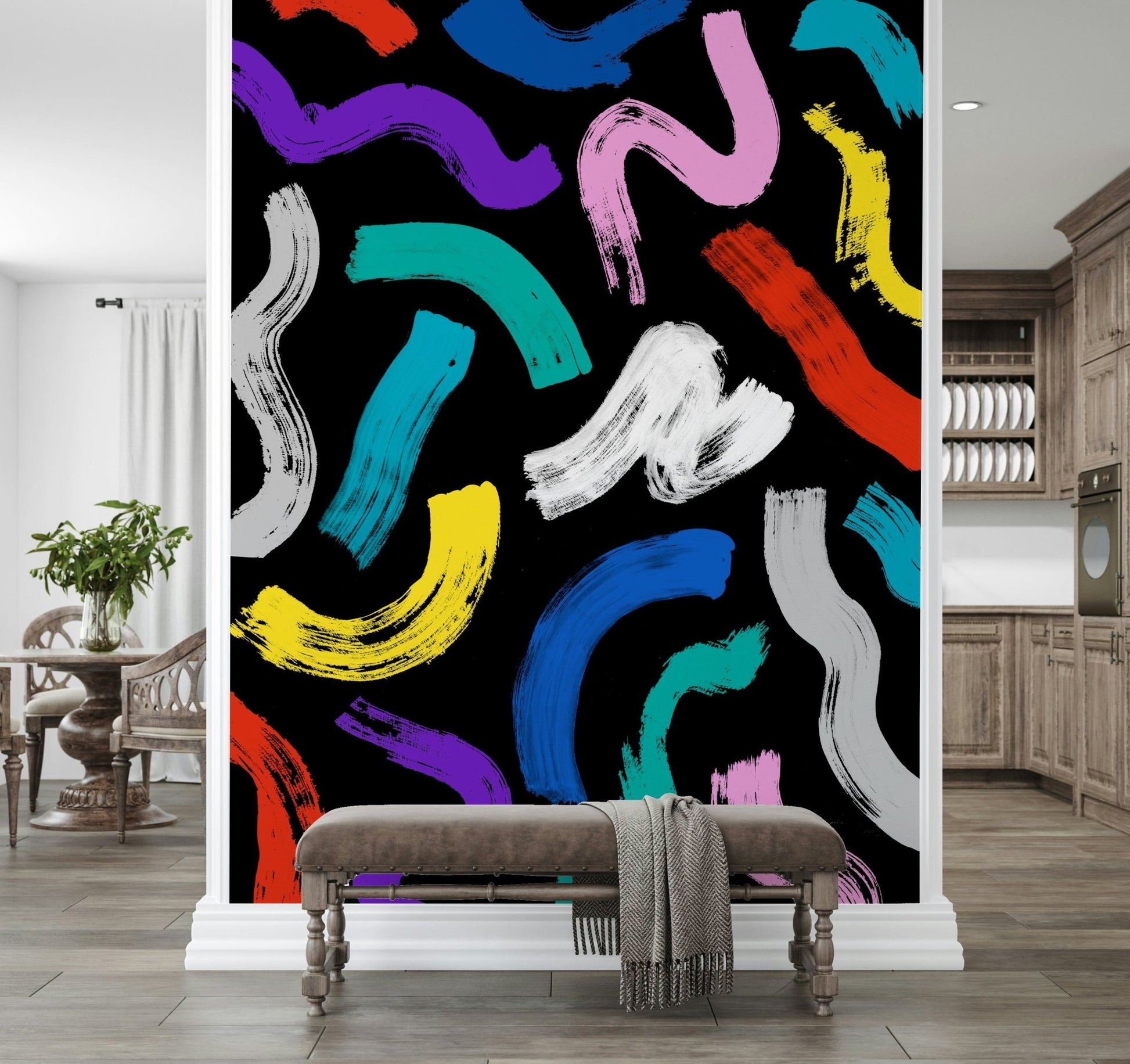 Modern Play with Joy design, a vibrant wall statement featuring bold, curvy paint swashes.