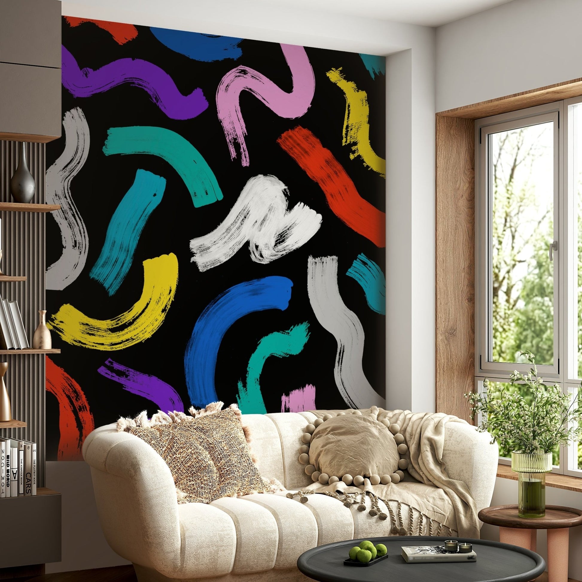 Artistic wallpaper mural pattern displaying free-form, bright, and cheerful paint markings.