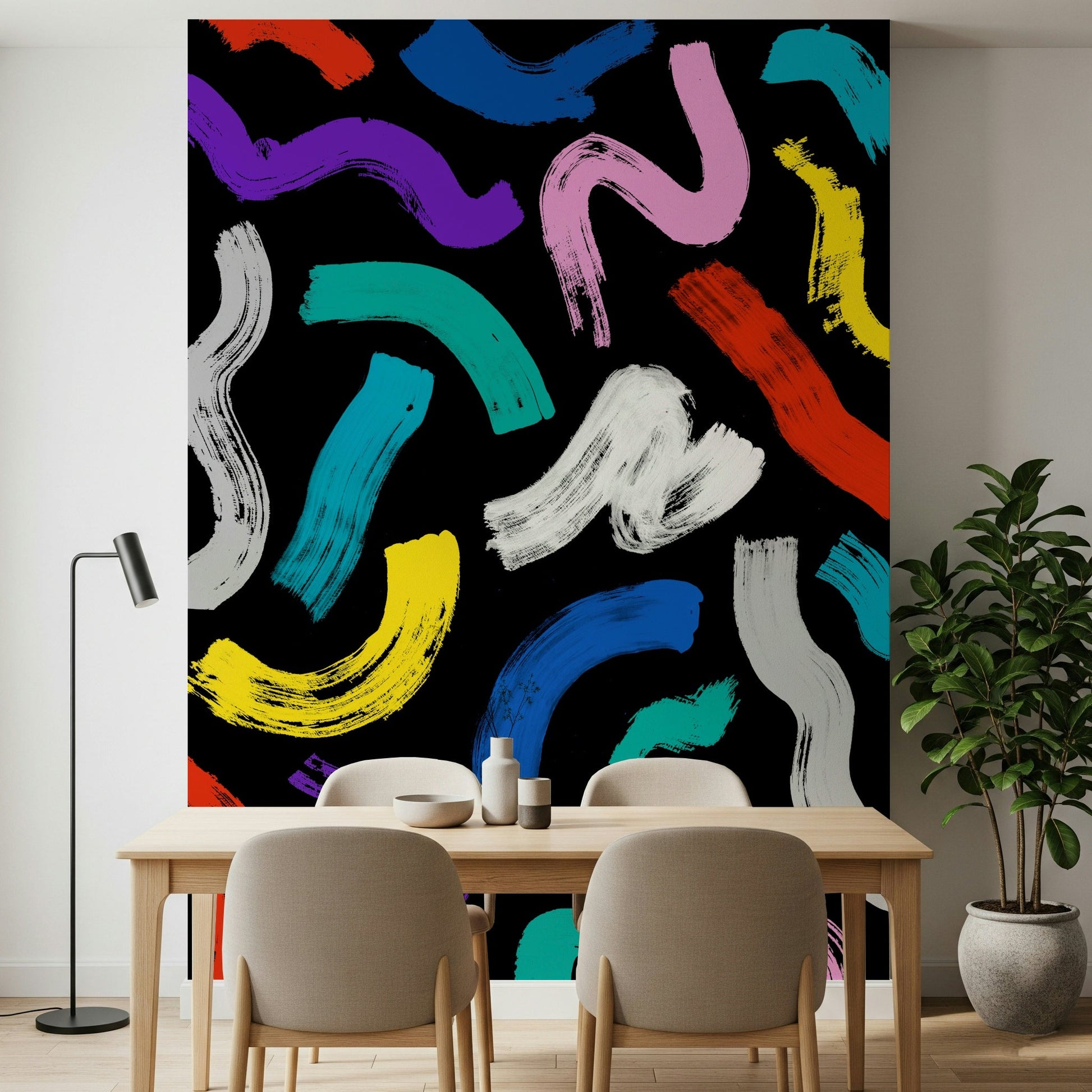 Graphic Play with Joy accent wall, a burst of neon and primary-colored thick strokes.