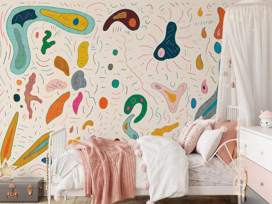 Colourful abstract shapes wall mural fills the kids room with playful doodle energy.GD9531