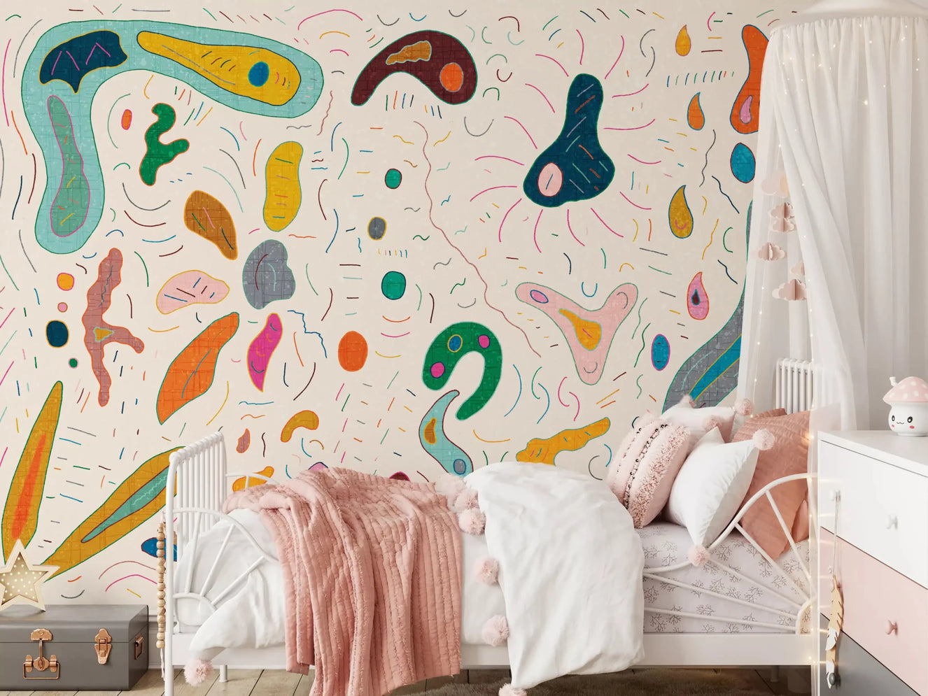 Colourful abstract shapes wall mural fills the kids room with playful doodle energy.GD9531