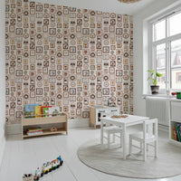 Reading nook styled with Playful Animal Portraits Wallpaper and wooden frame bed