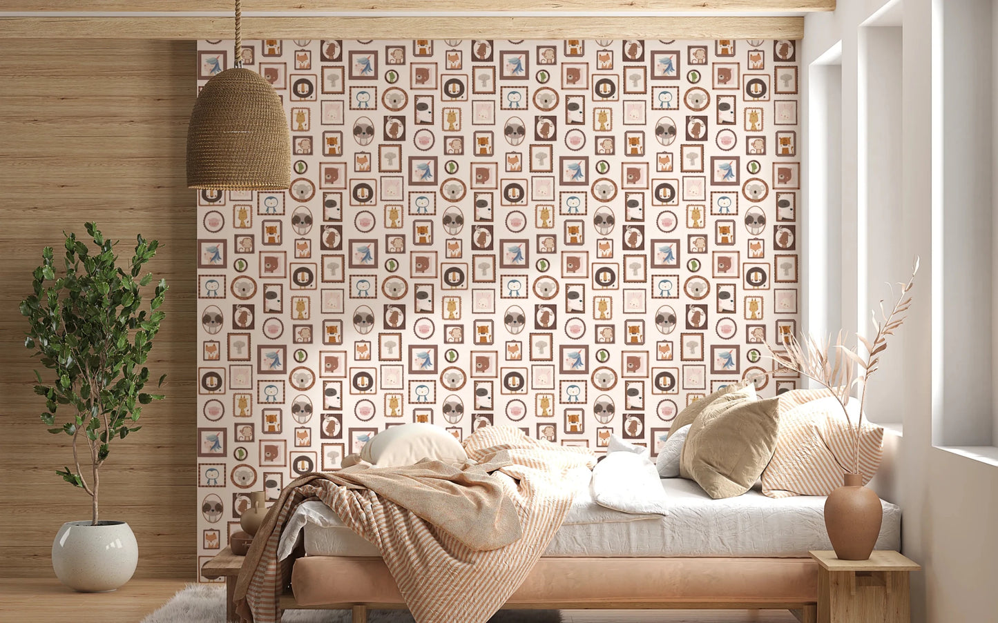 Cozy bedroom view where Playful Animal Portraits Wallpaper anchors the wall visually