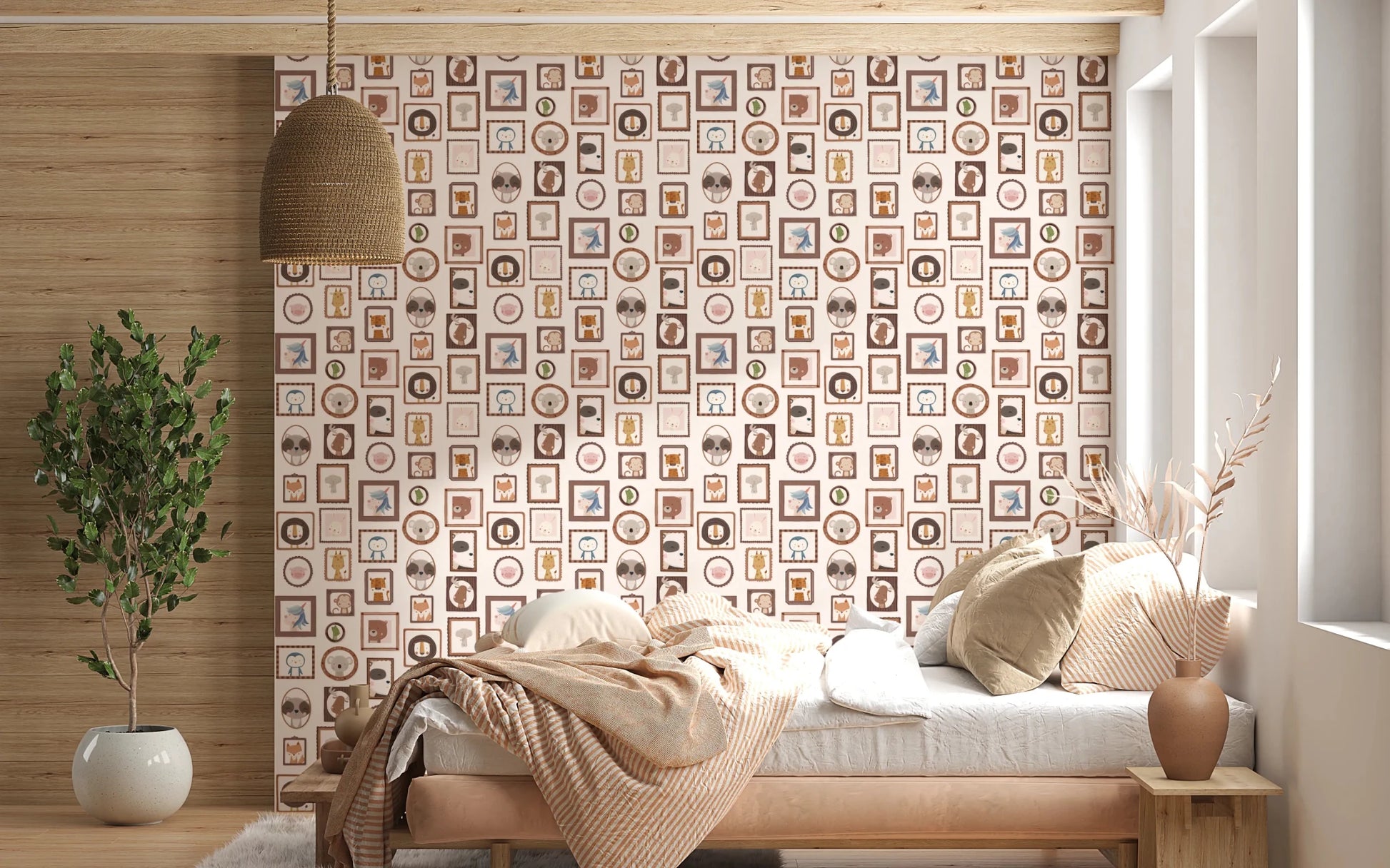 Cozy bedroom view where Playful Animal Portraits Wallpaper anchors the wall visually