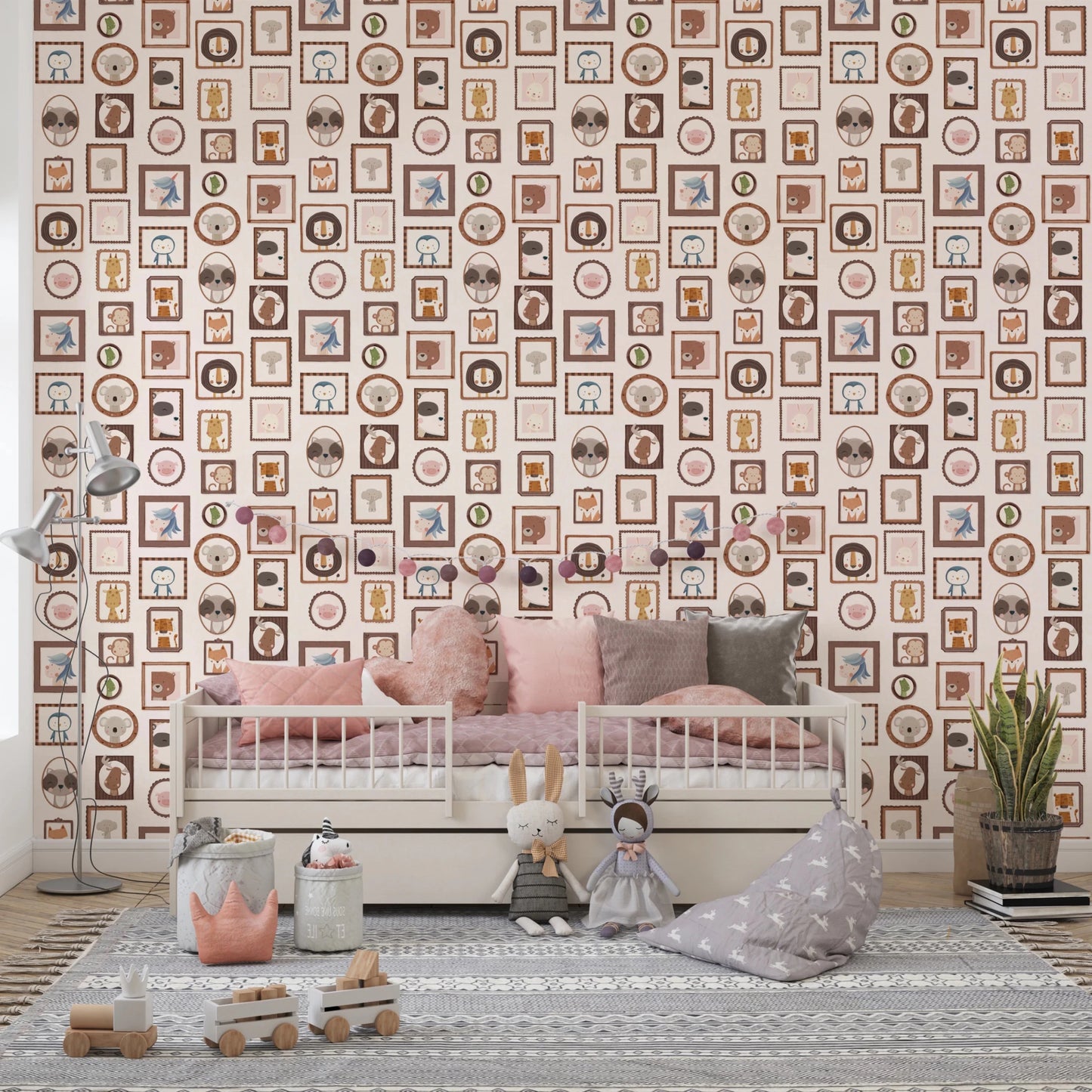 Kids seating area styled with Playful Animal Portraits Wallpaper and soft cushions