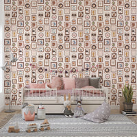 Kids seating area styled with Playful Animal Portraits Wallpaper and soft cushions