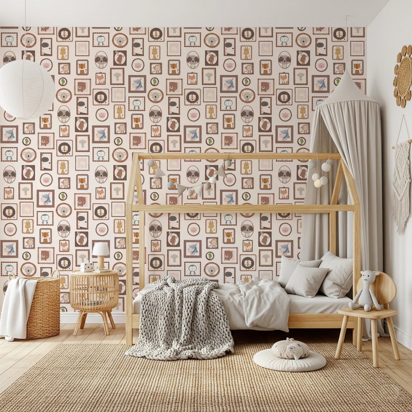 Kids room corner finished with Playful Animal Portraits Wallpaper and storage setup
