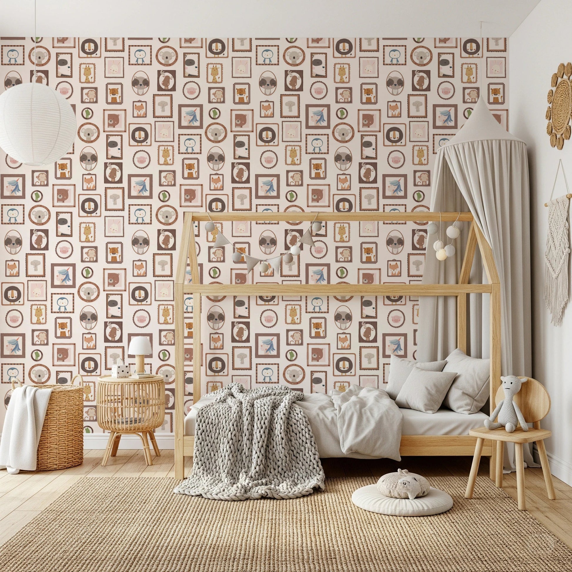 Kids room corner finished with Playful Animal Portraits Wallpaper and storage setup
