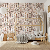 Kids room corner finished with Playful Animal Portraits Wallpaper and storage setup