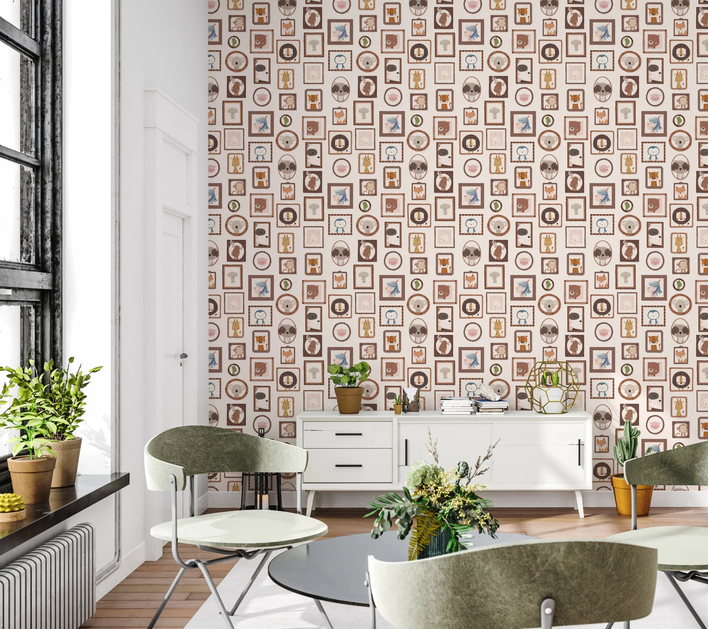 Bright study corner where Playful Animal Portraits Wallpaper fills the background wall