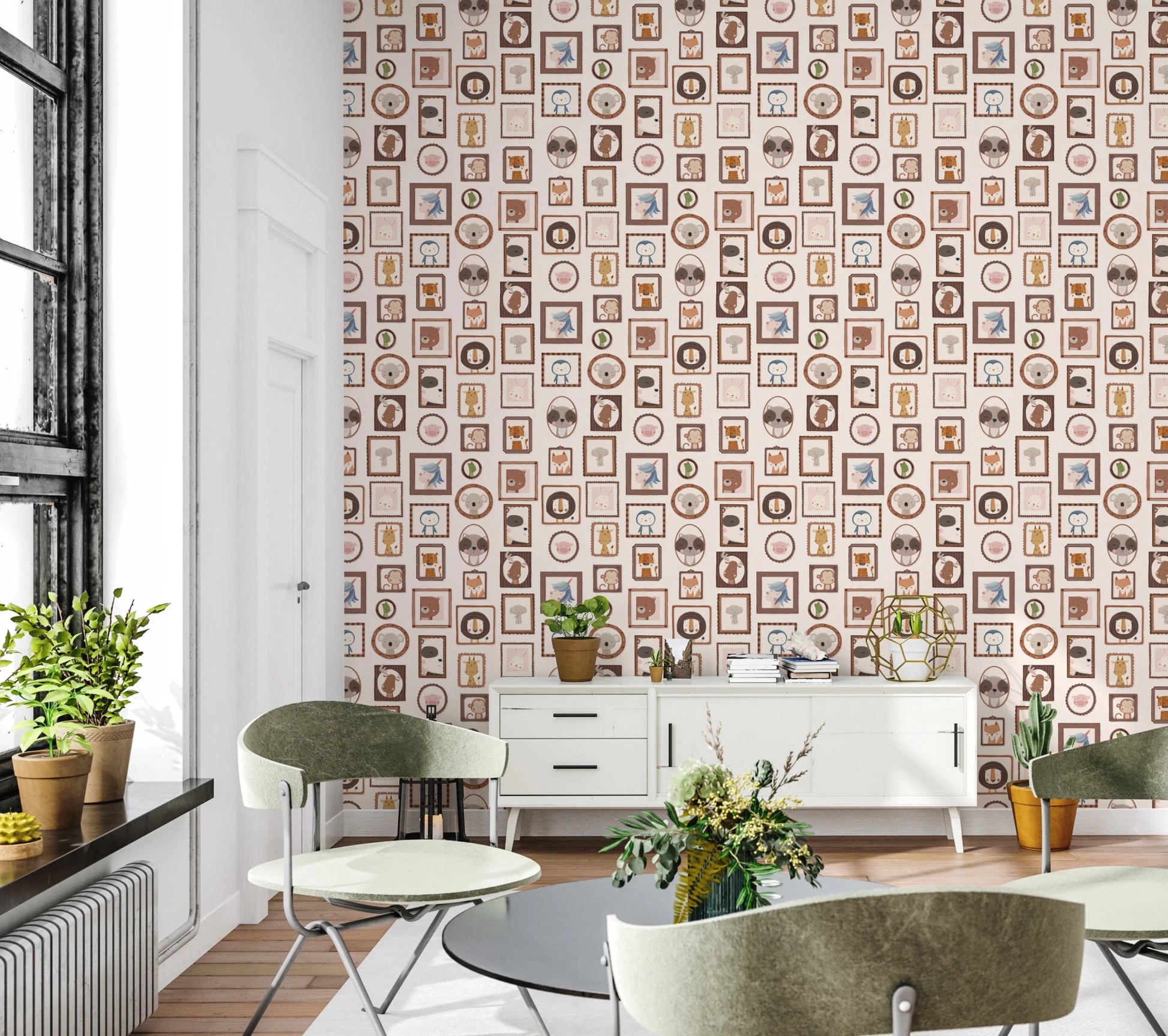 Bright study corner where Playful Animal Portraits Wallpaper fills the background wall