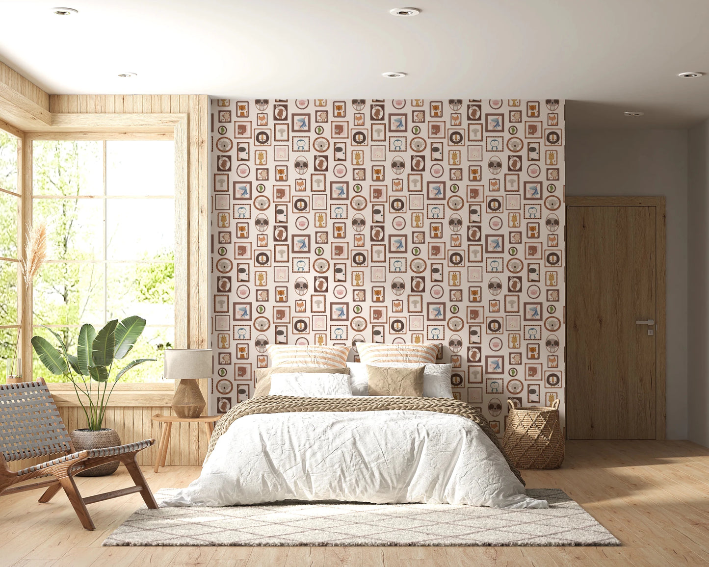 Open bedroom interior where Playful Animal Portraits Wallpaper spreads across the wall