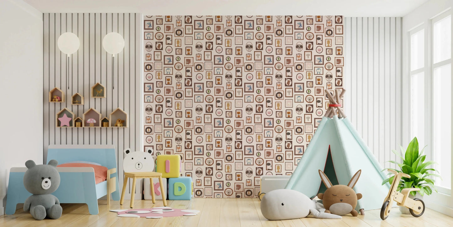 Playroom arrangement using Playful Animal Portraits Wallpaper with toys and teepee