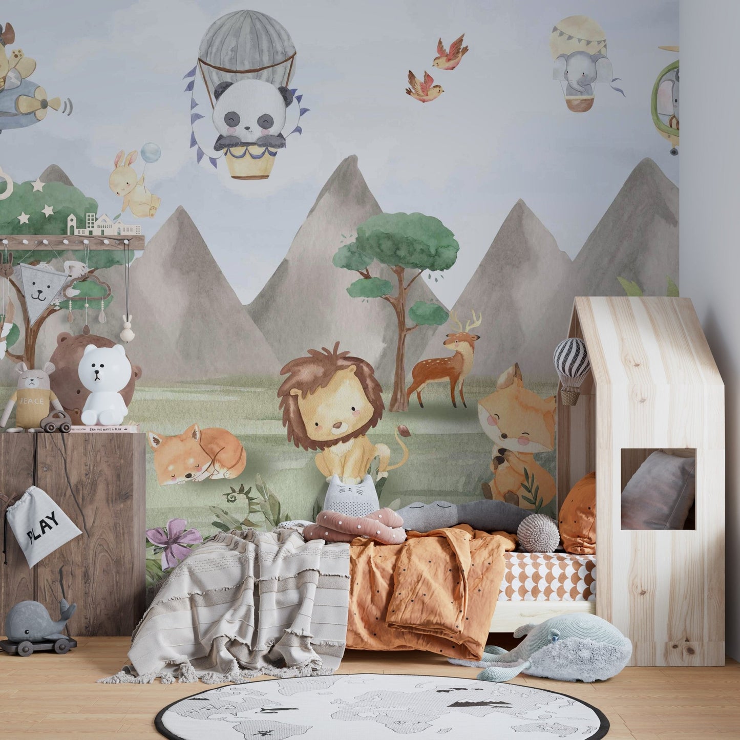 Fox and bear in a dreamy forest mural, C109