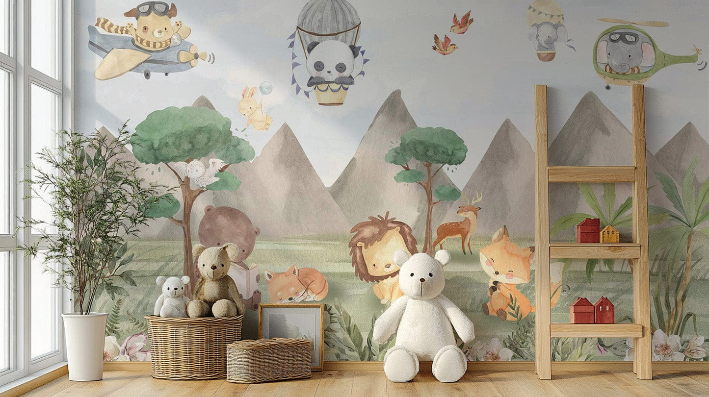 Playful deer and panda hot air balloon mural, C109
