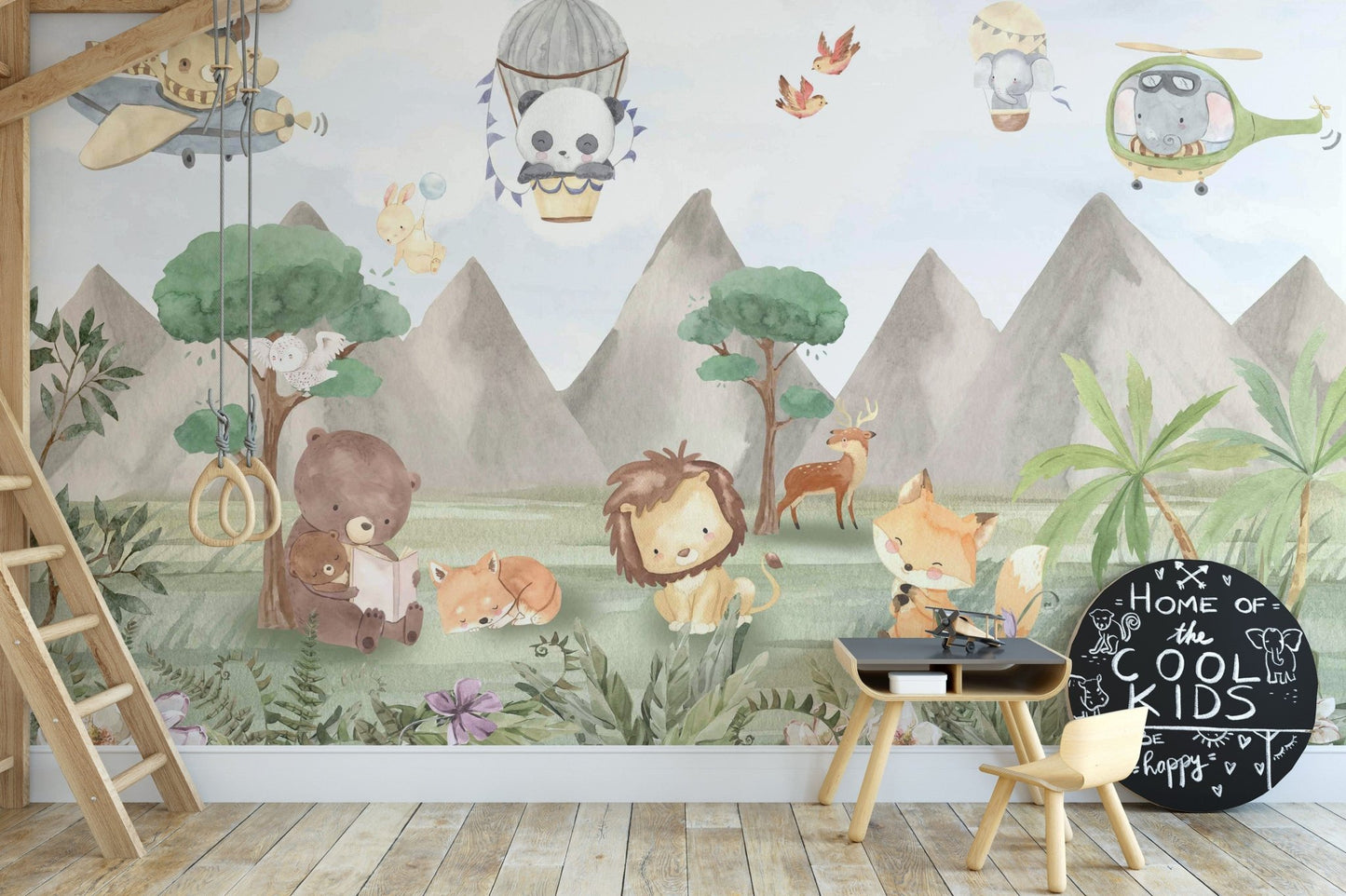 Whimsical safari animal forest mural design, C109