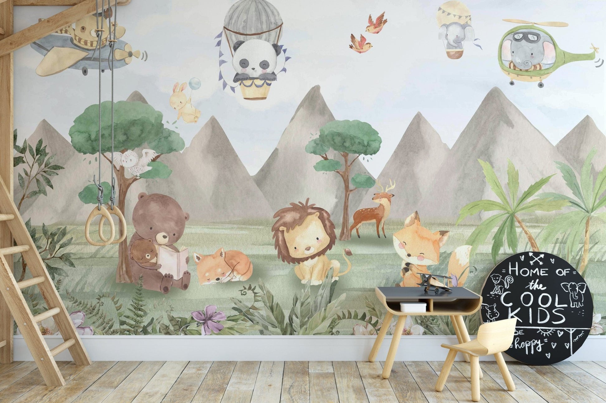 Whimsical safari animal forest mural design, C109