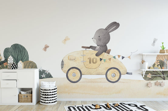 Adorable bunny car ride wallpaper mural for kids' rooms., B323