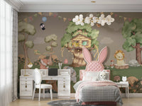 Sunbeams are shown streaming down through the tree leaves.
