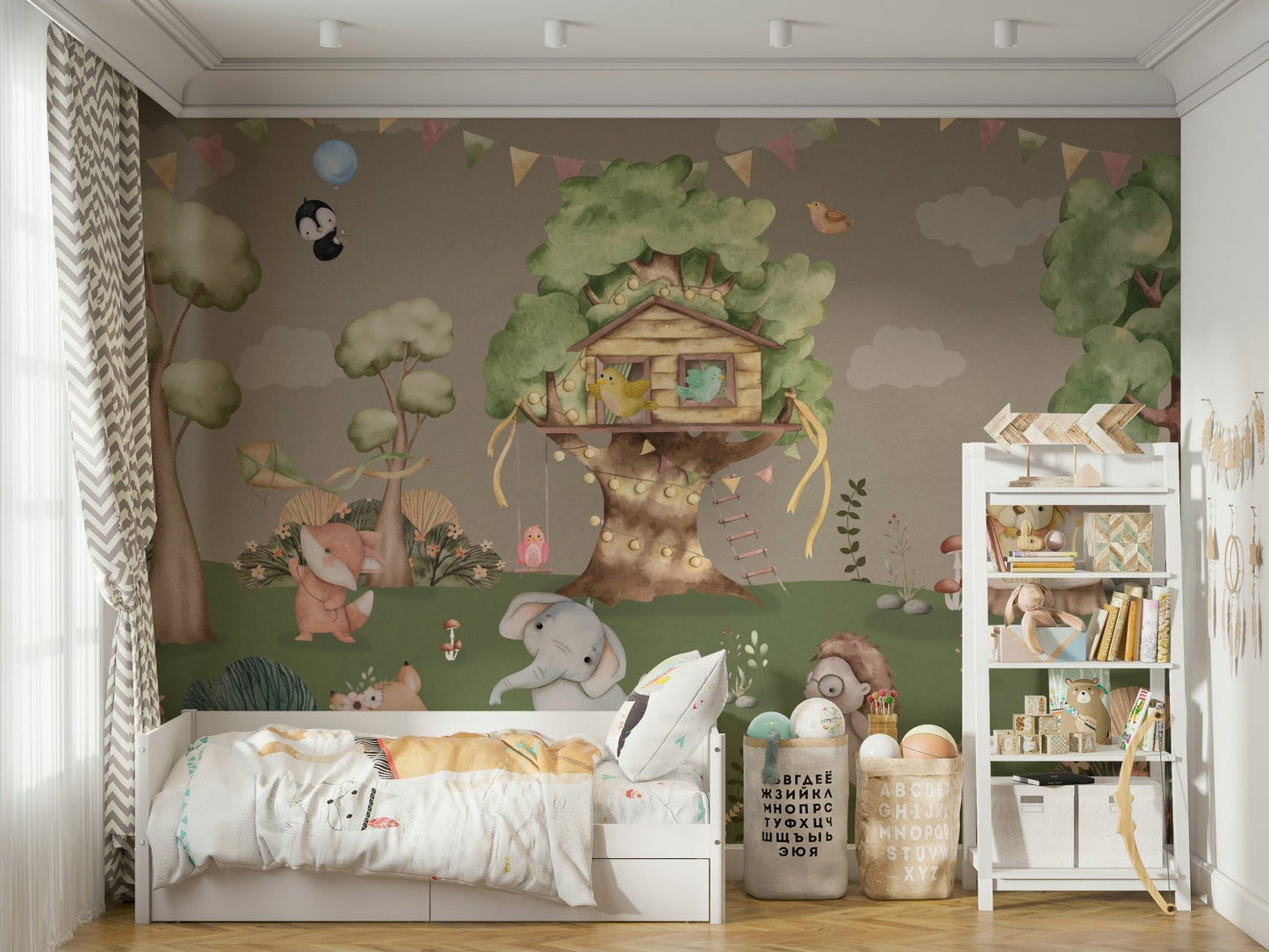 The grass is a vibrant green and dotted with colorful wildflowers.
