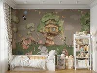 The grass is a vibrant green and dotted with colorful wildflowers.
