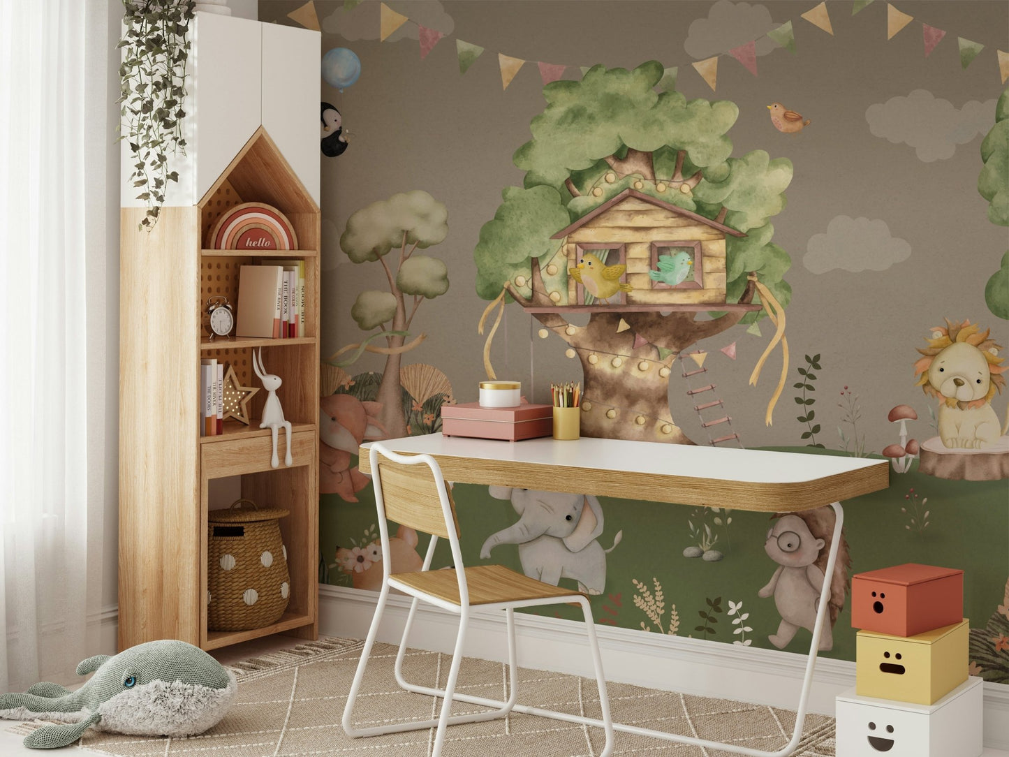 A friendly brown bear is sitting by a tree and waving.
