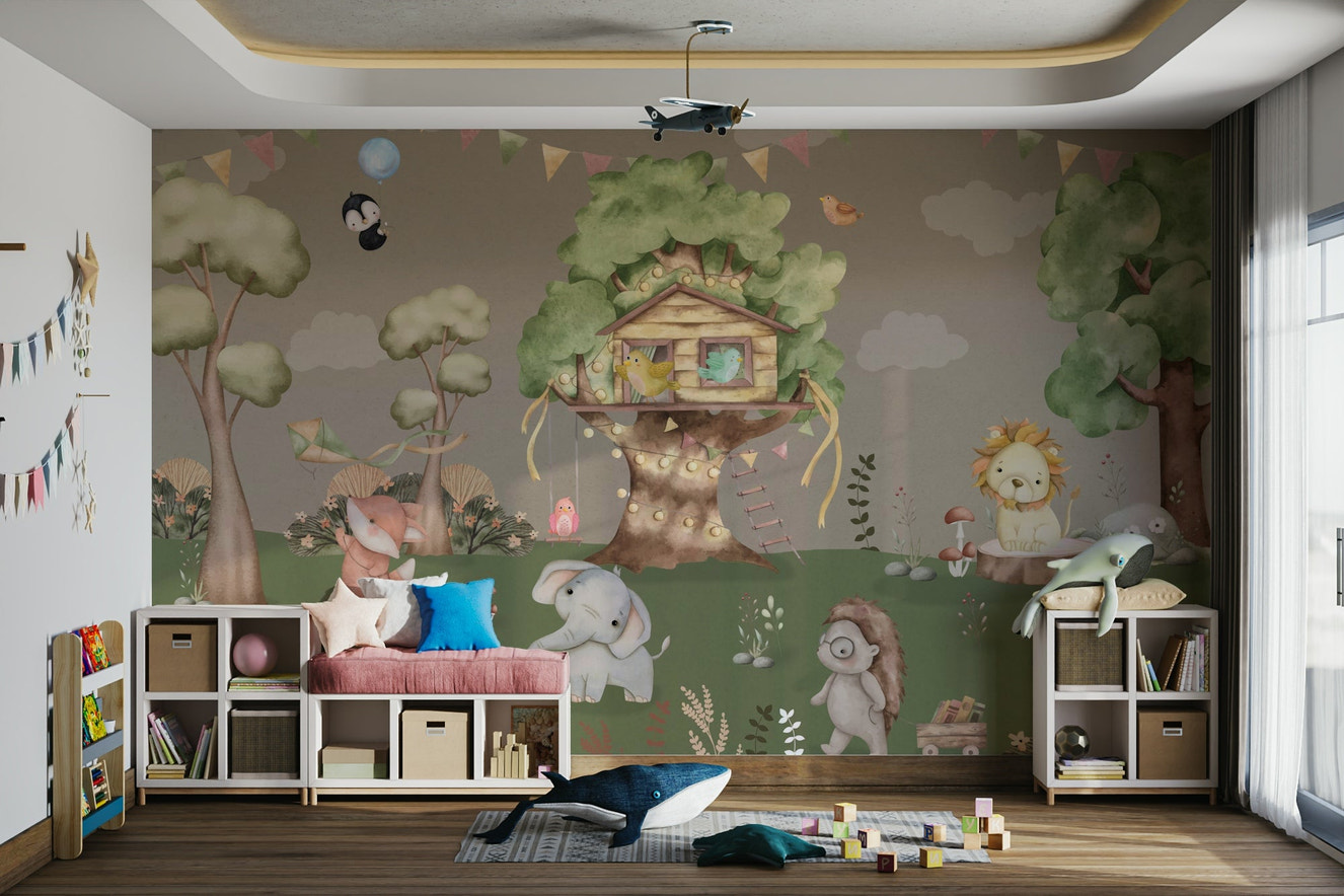 The mural shows a bright and sunny clearing in a cartoon forest.
