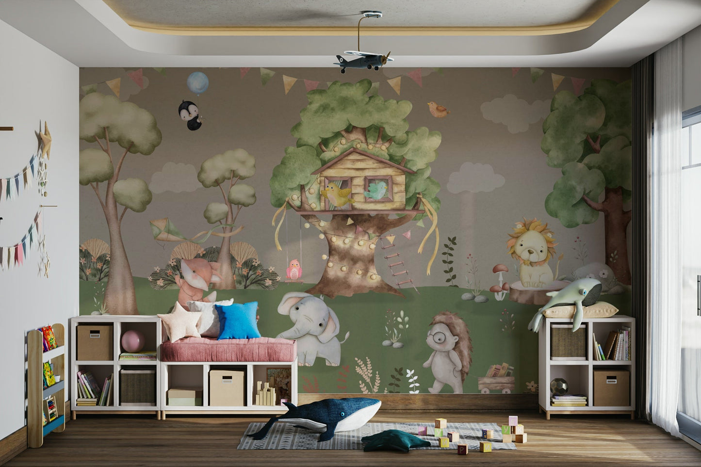 The mural shows a bright and sunny clearing in a cartoon forest.
