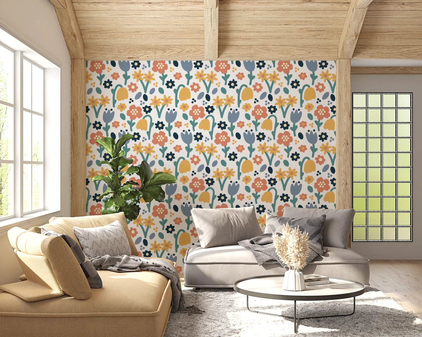 Bright Living room accented by Playful Meadow wallpaper⁠GD9448