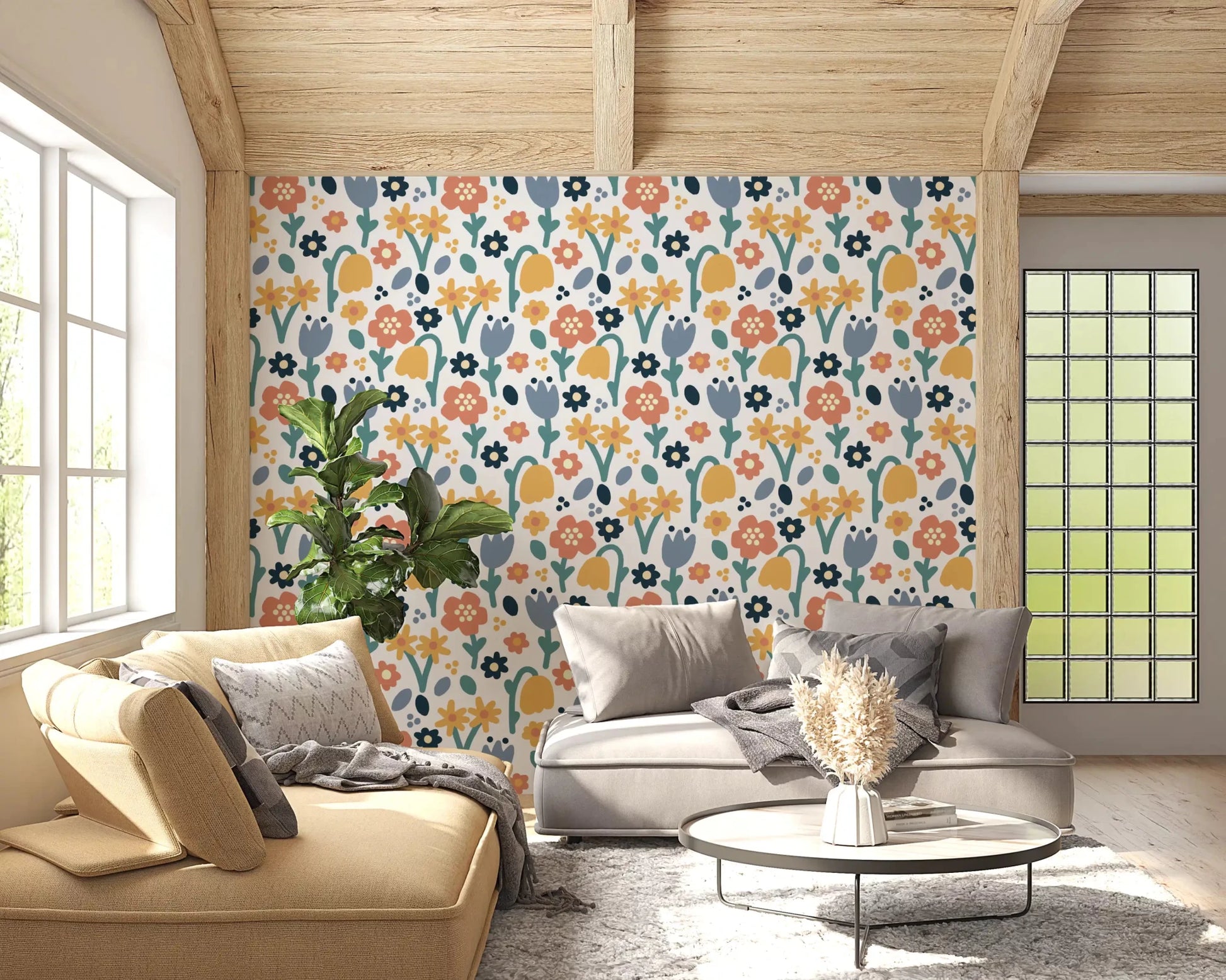 Bright Living room accented by Playful Meadow wallpaper⁠GD9448