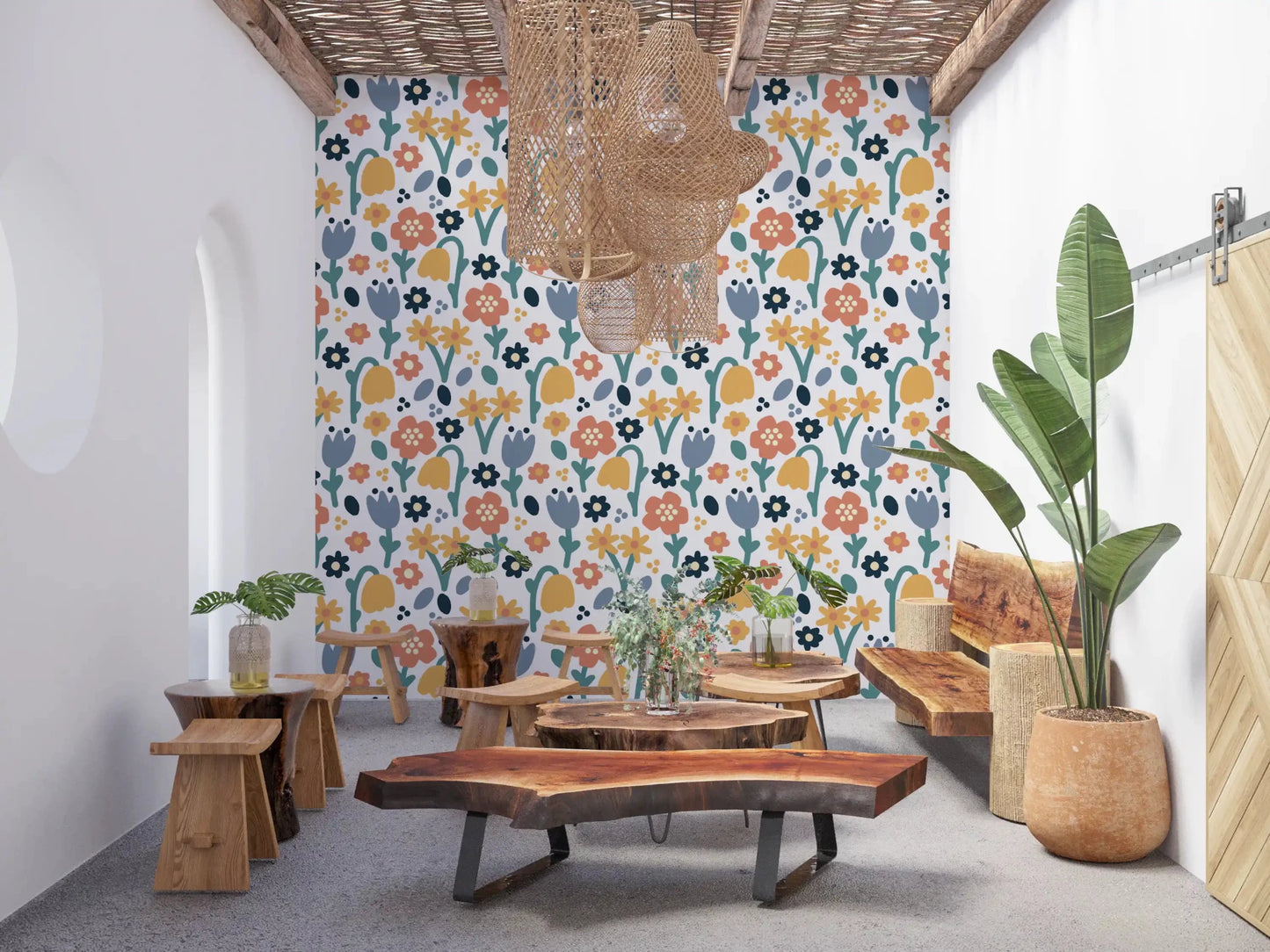 Peach and blue blossoms adorn Playful Meadow wallpaperGD9448