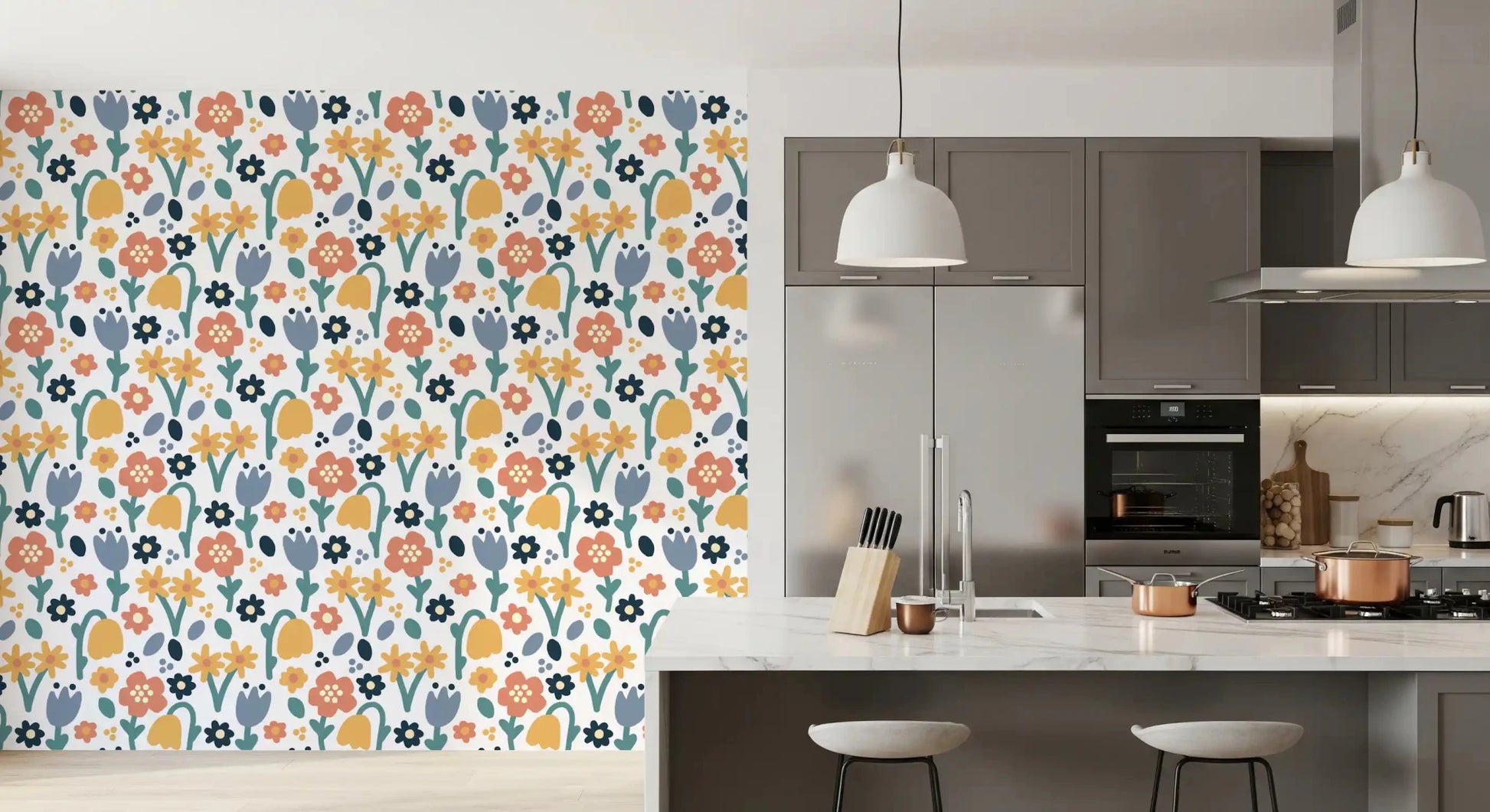 Colorful hand-drawn flowers on Playful Meadow wallpaperGD9448
