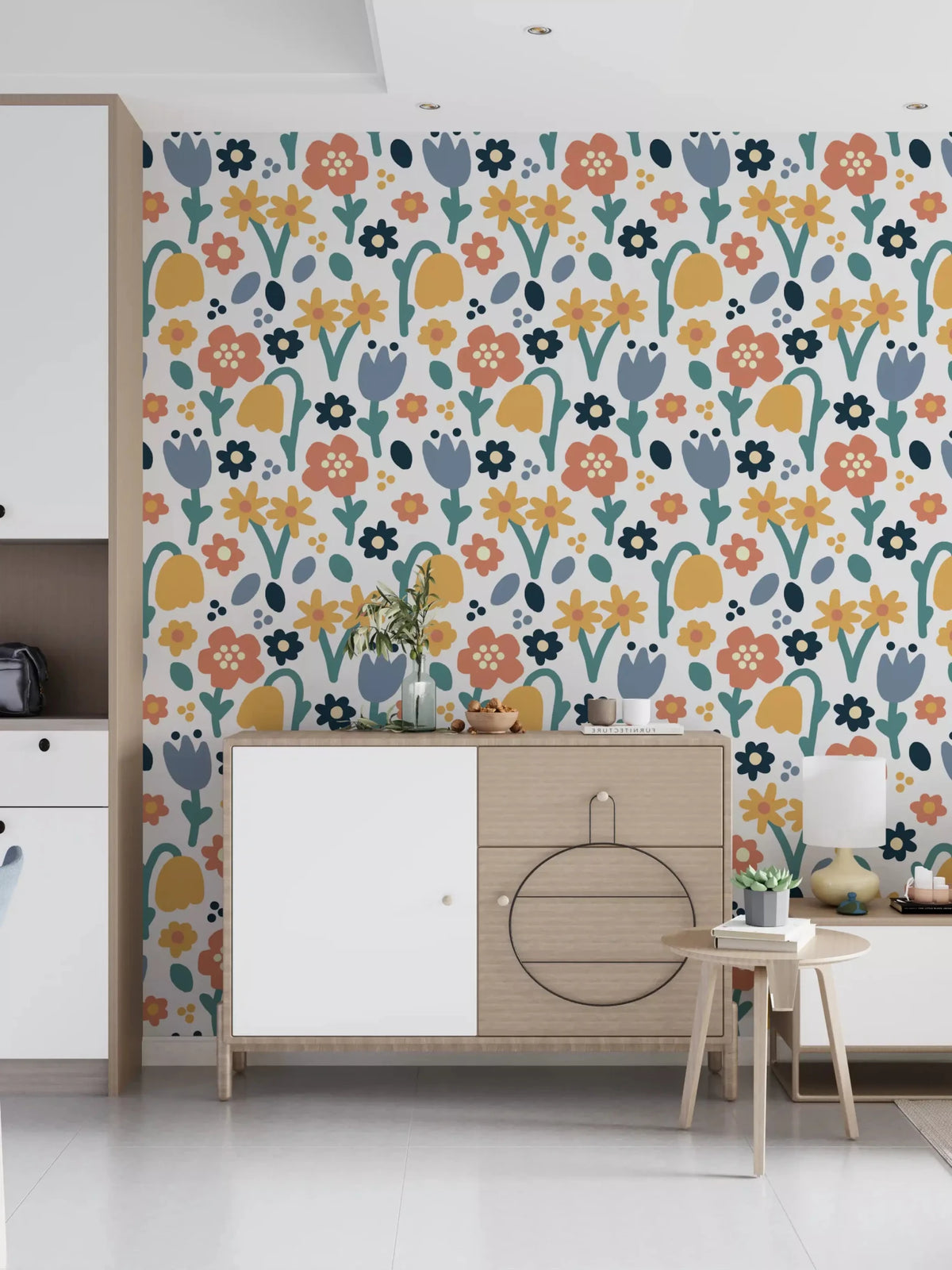 Vibrant Playful Meadow Floral Illustration Wallpaper