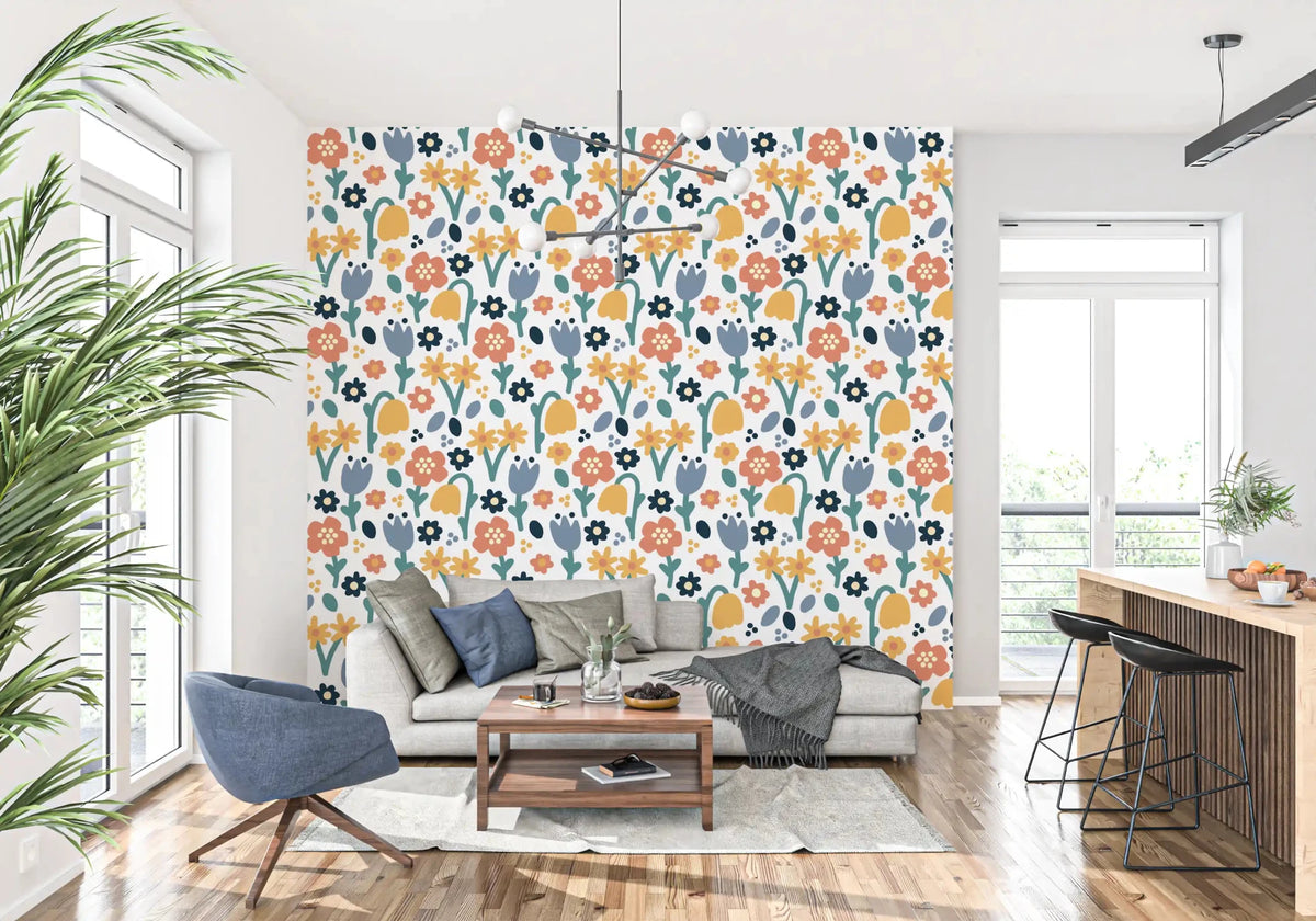 Vibrant Playful Meadow Floral Illustration Wallpaper