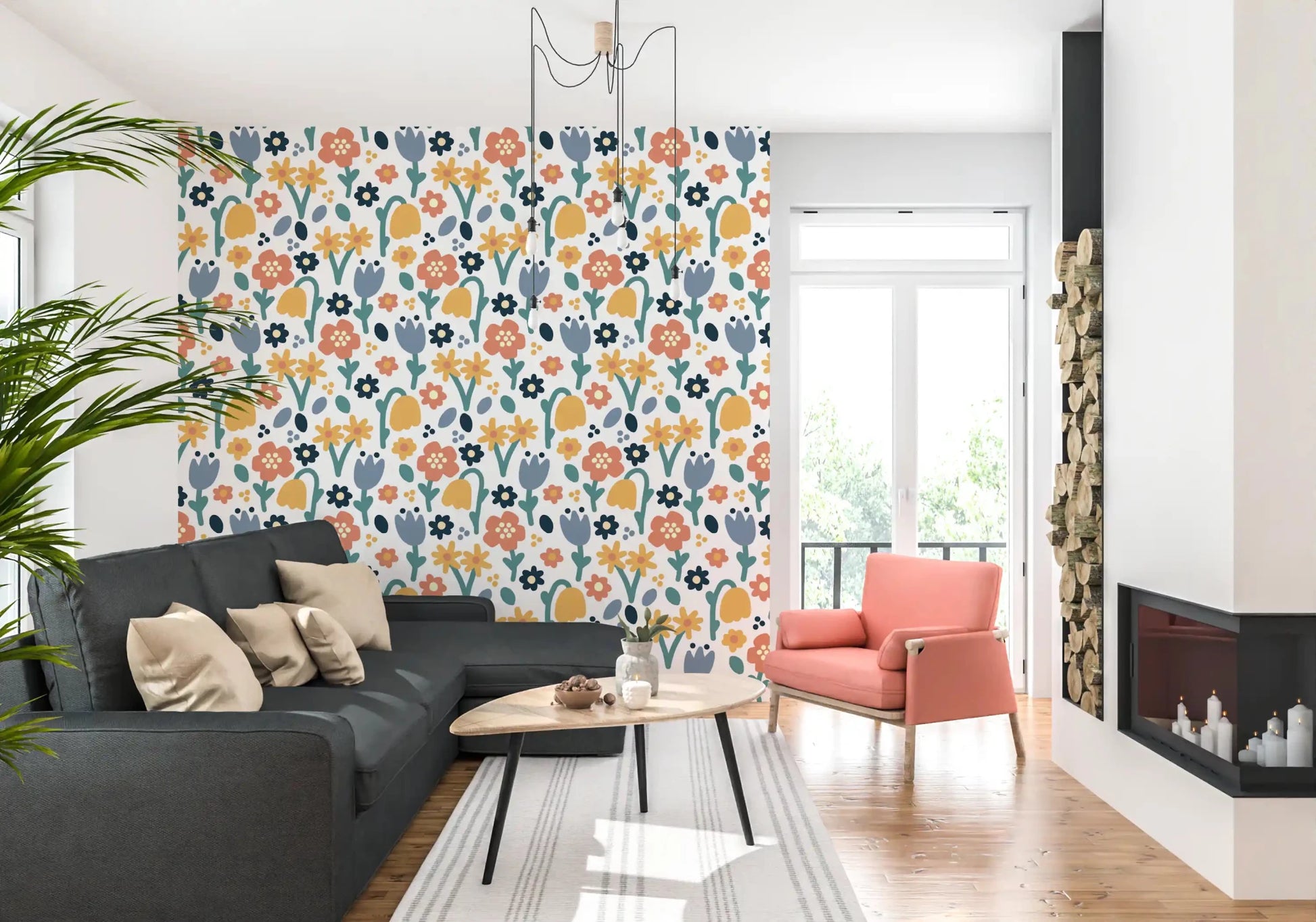 living room space decorated with this Meadow wallpaperGD9448