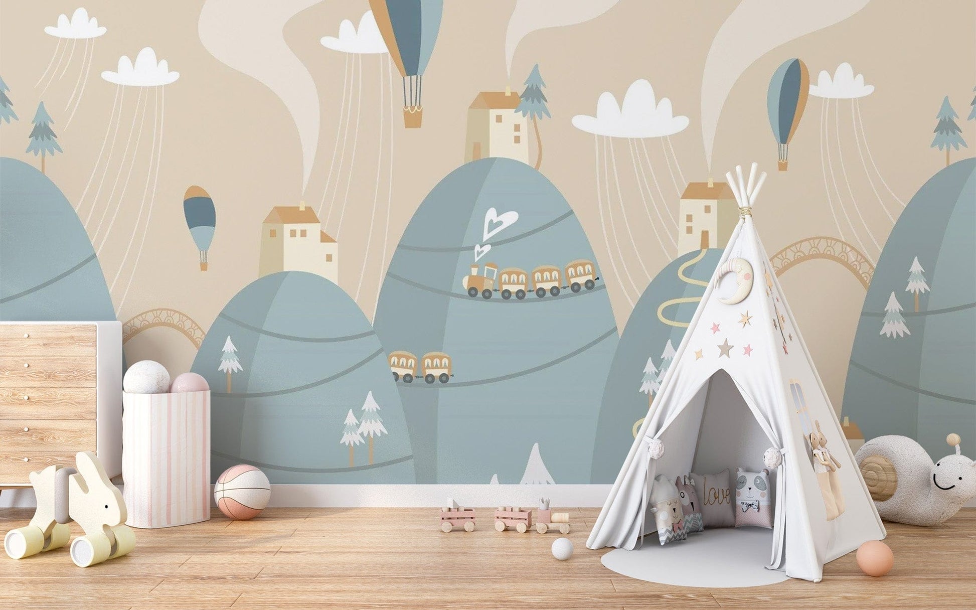 Playful Mountain with Houses Kids Dreamland Wallpaper
