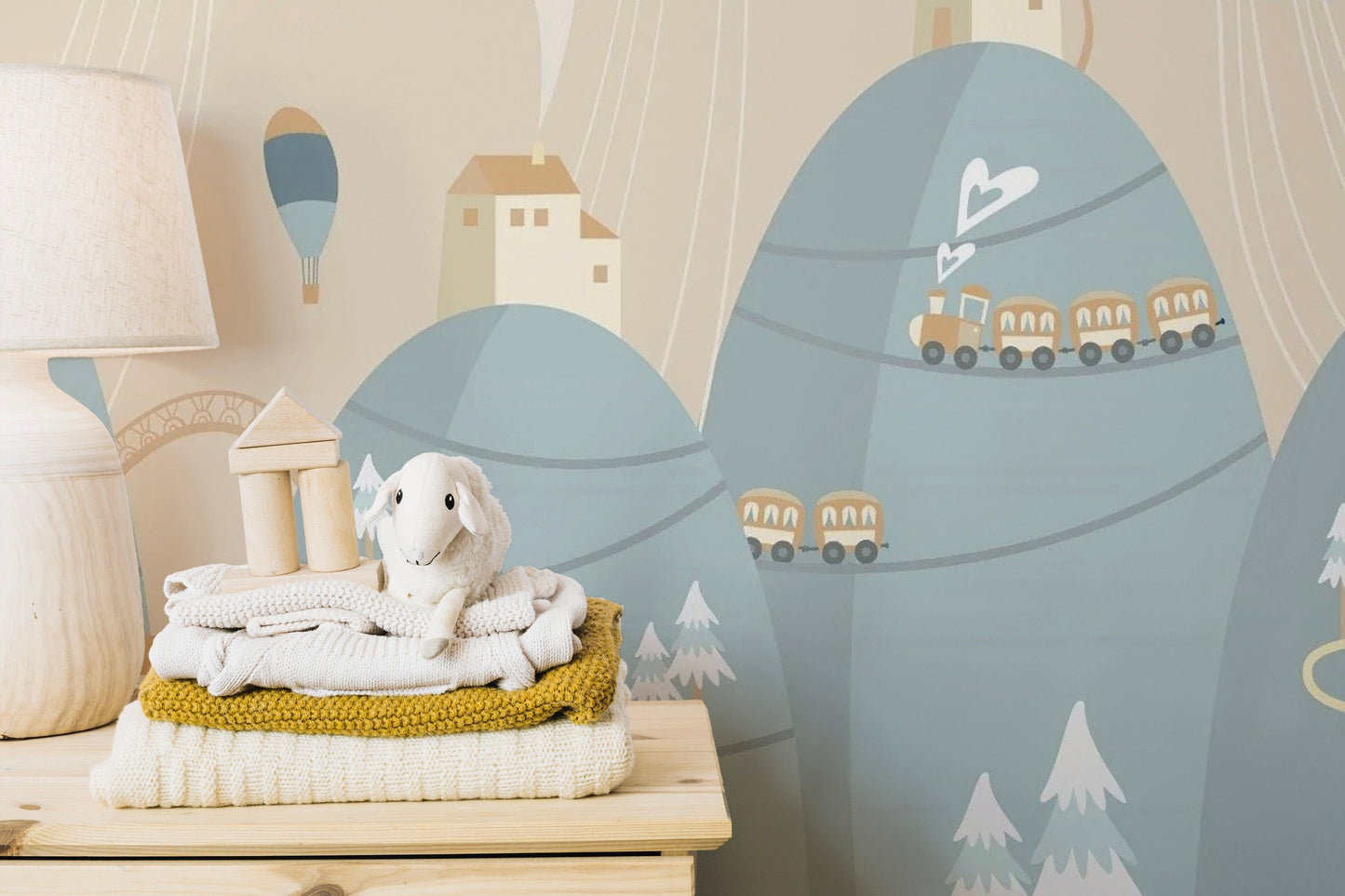 Playful mountain design with houses for kids' rooms
