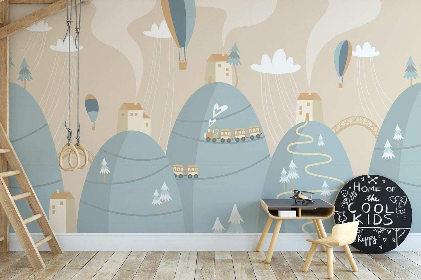 Playful Mountain with Houses Kids Dreamland Wallpaper
