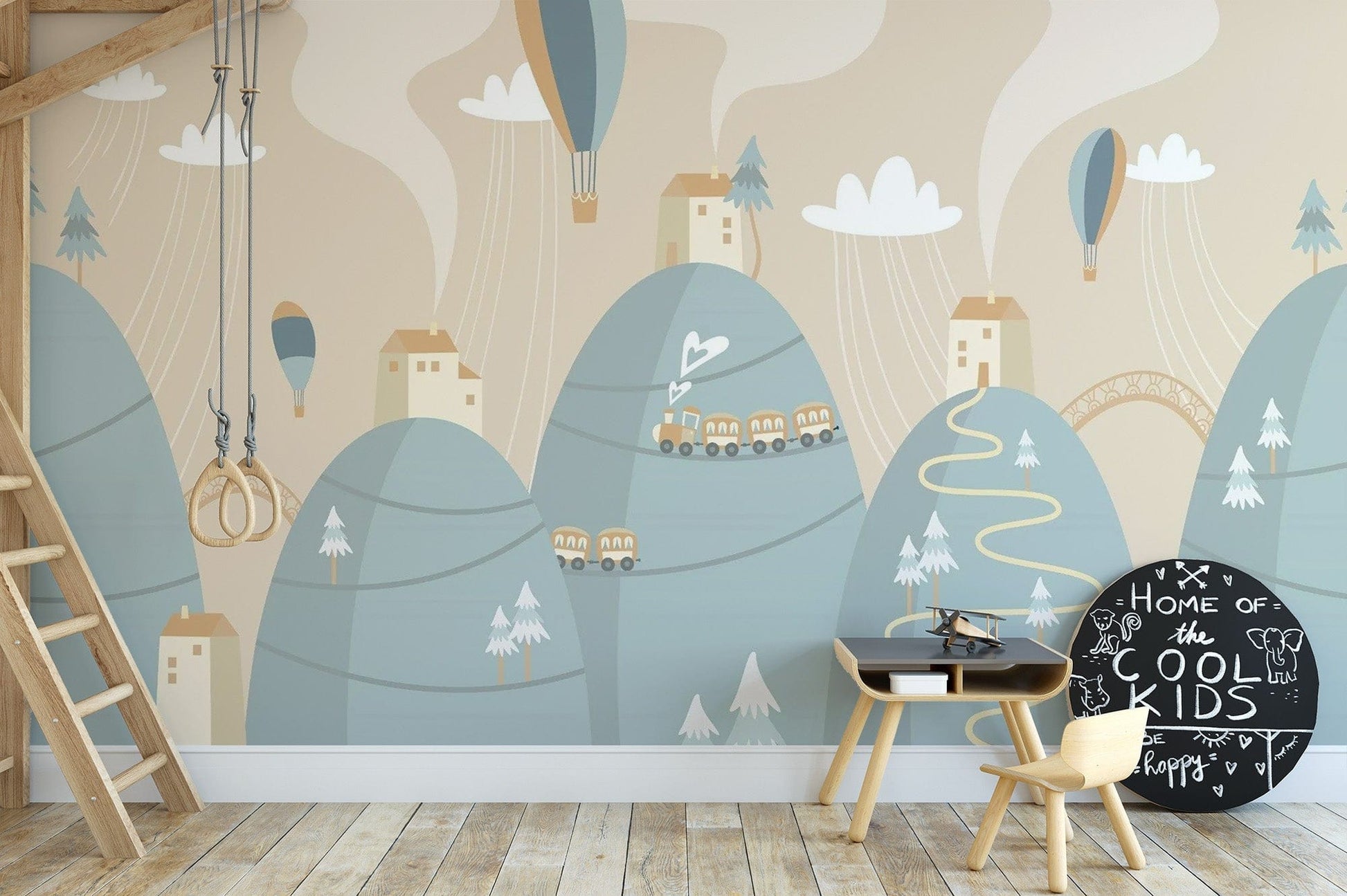 Playful Mountain with Houses Kids Dreamland Wallpaper
