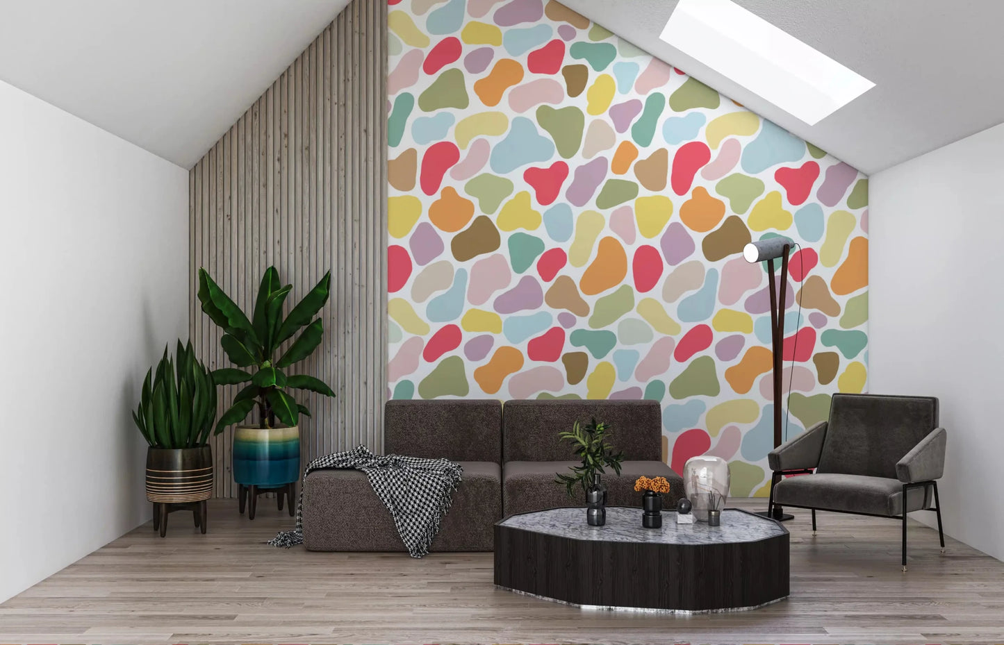 playful Vibrant organic forms on this wallpaper brighten a contemporary lounge⁠GD9453