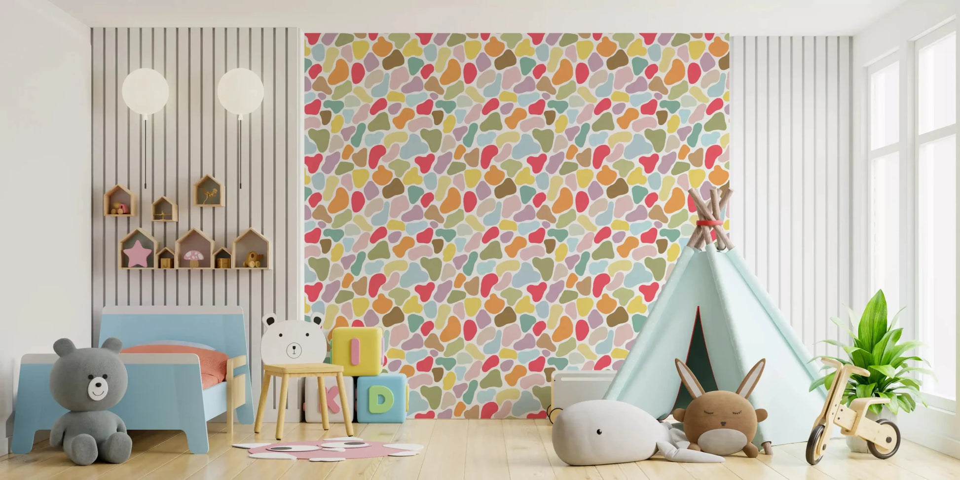 Joyful pebble shapes define the wallpaper in this whimsical kids room⁠GD9453