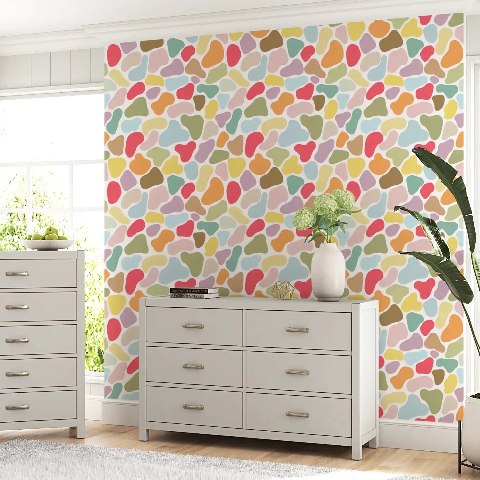 Colorful pebble patterned wallpaper installed in a peaceful living room GD9453