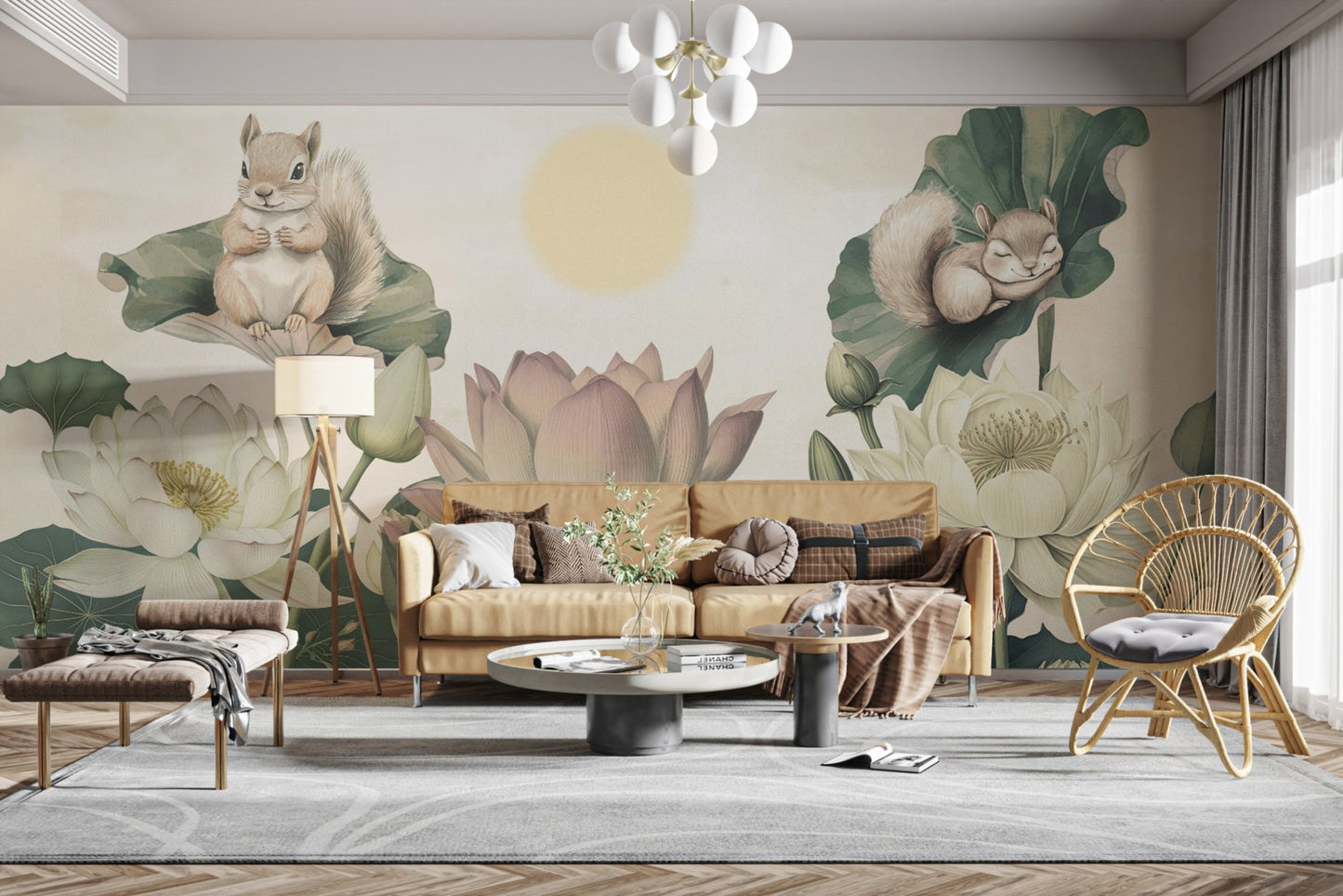 Cute Squirrels and Lotus Wall Mural
