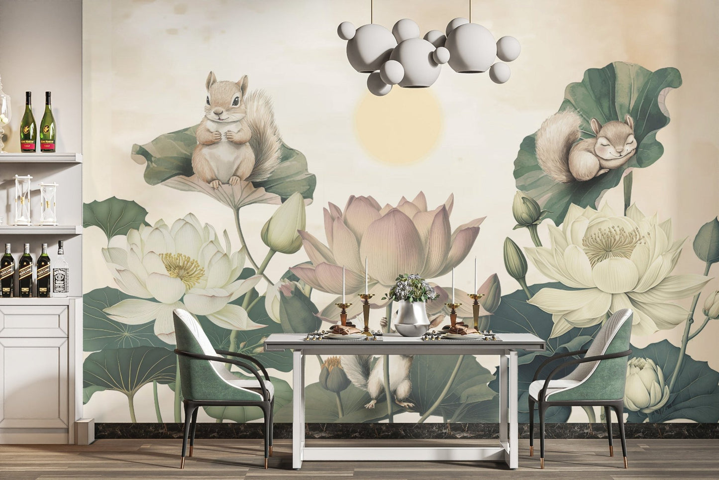 Adorable Squirrels in Floral Wallpaper
