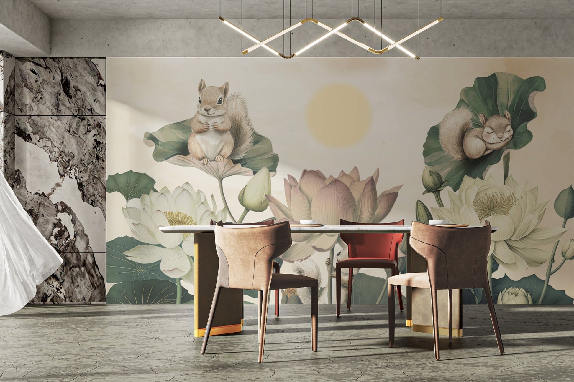 Botanical Lotus Wallpaper with Squirrels
