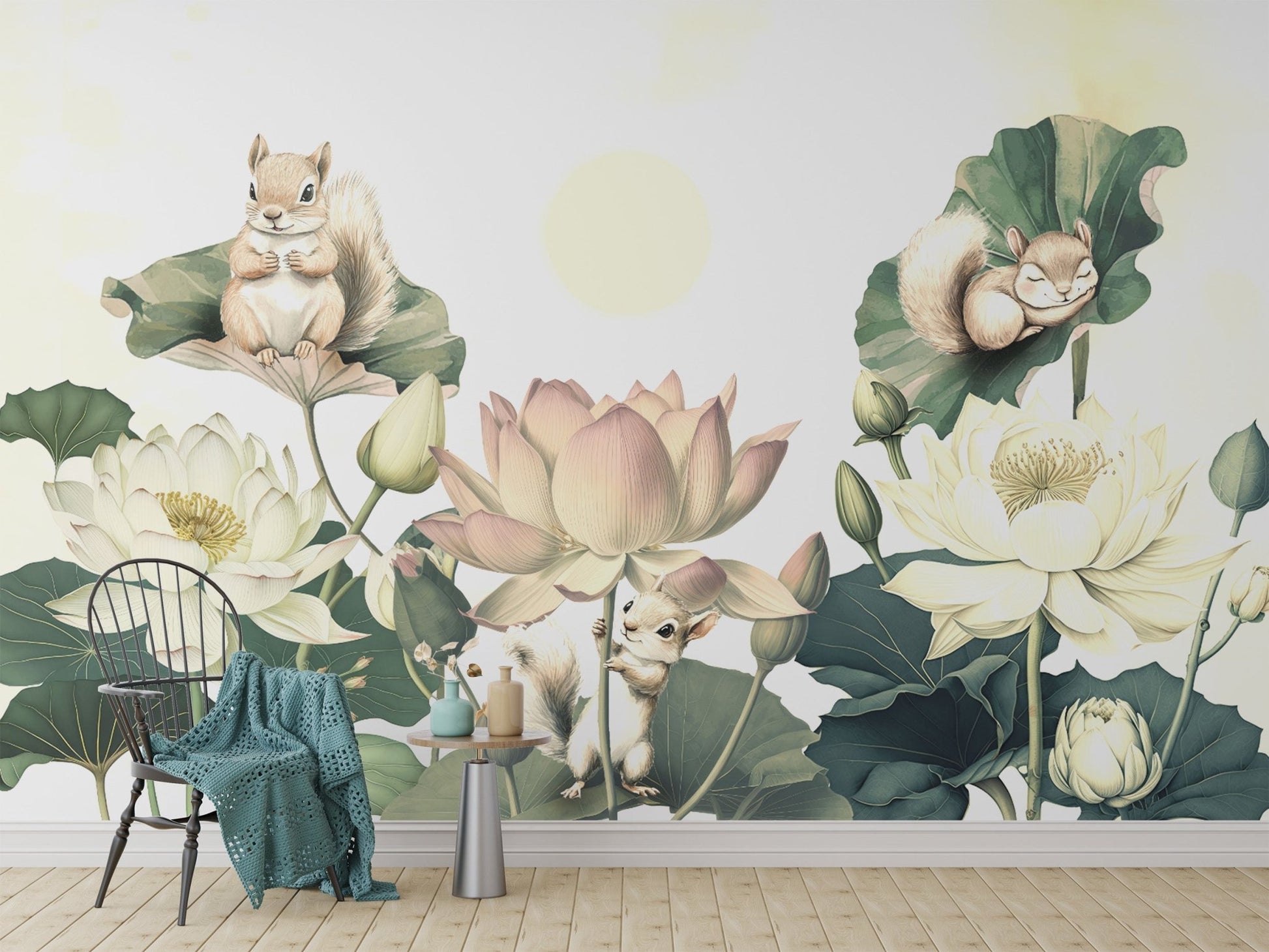 Lively Squirrels and Lotus Wall Design
