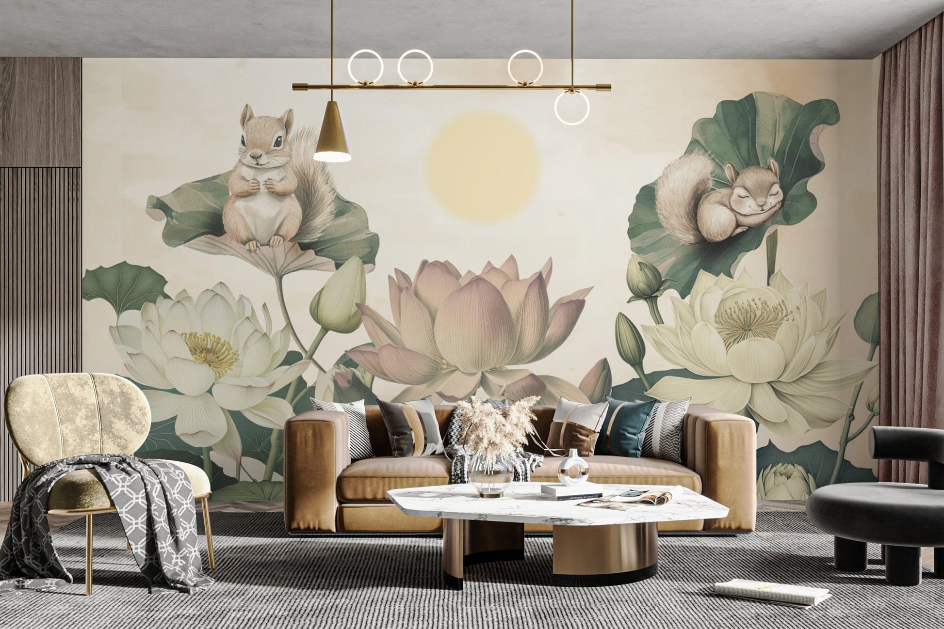 Playful Squirrels Lotus Floral Wallpaper
